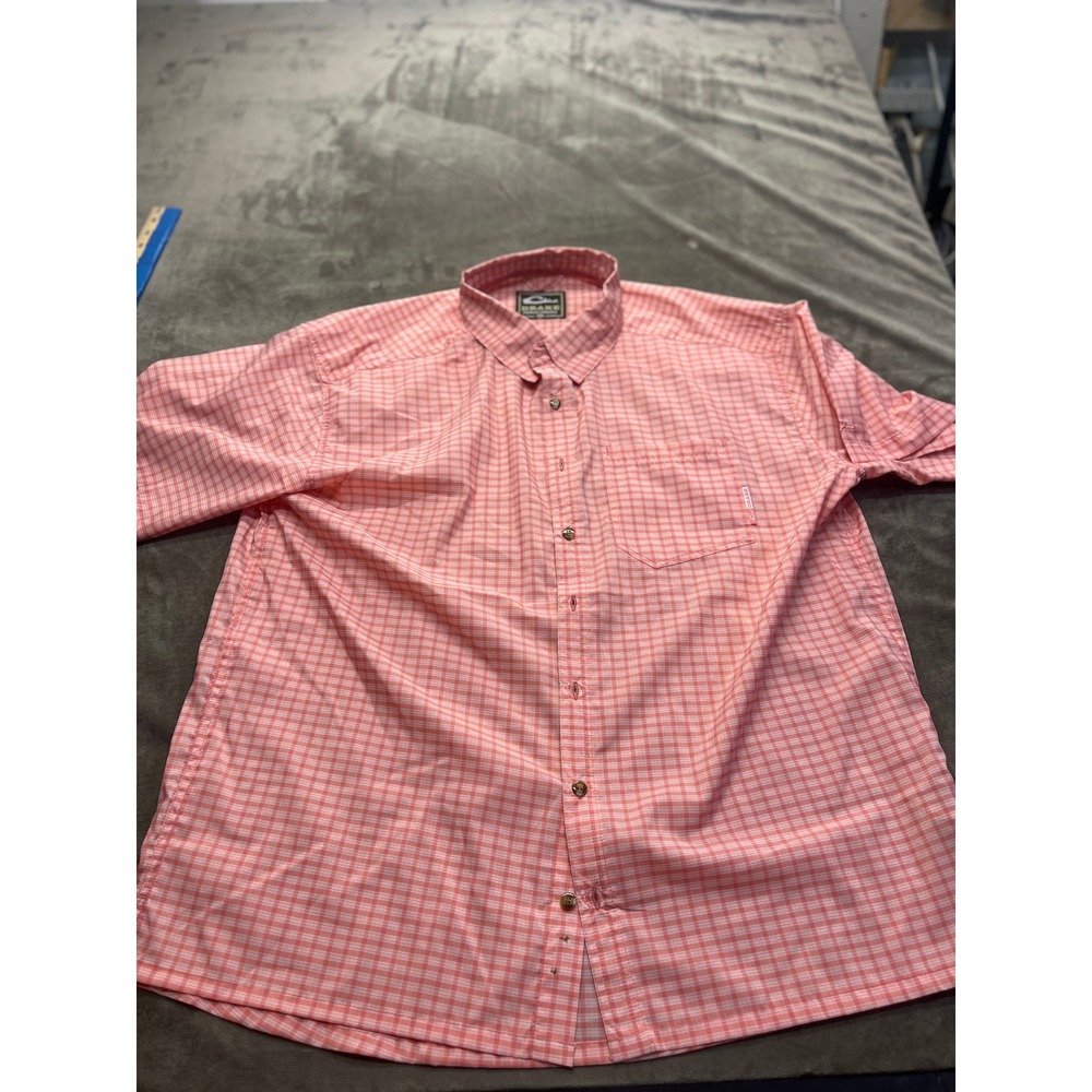 Drake Waterfowl Mens XL Short Sleeve Plaid Fishing Shirt Coral White Button Down